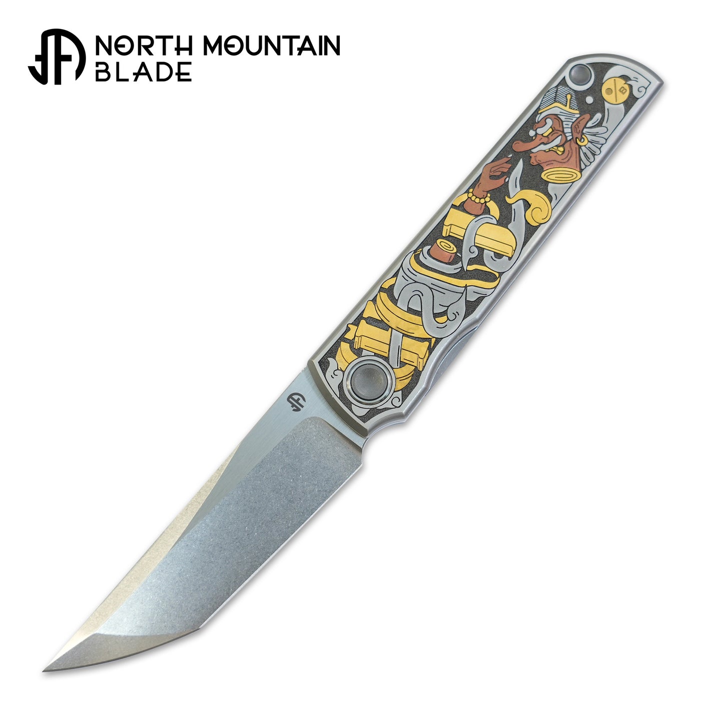 【CHOP】M390 Titanium Inlaid copper carving Japanese Tengu and Samurai Cat