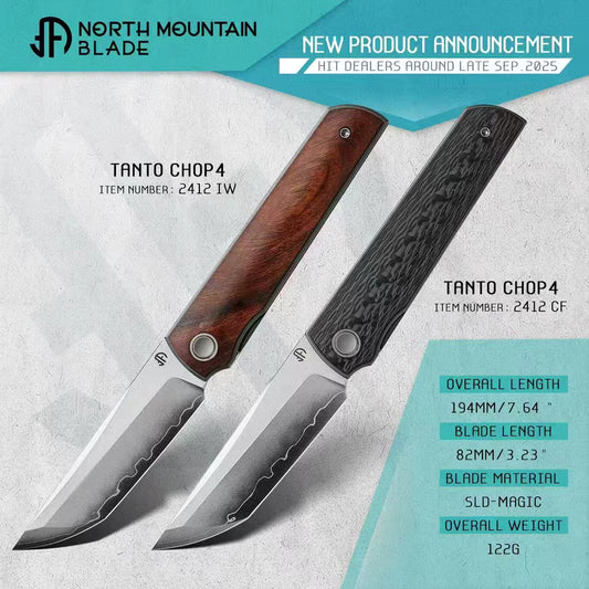 2412-IW CHOP 4 Front Flipper Folding Knife, Desert Ironwood Handle, SLD San Mai Steel, Japanese-Style Tanto