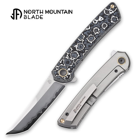 【Zero】2507-WHCF Tanto Blade White Ceramic Carbon Fiber Ti Handle&Clip Smooth Flippers