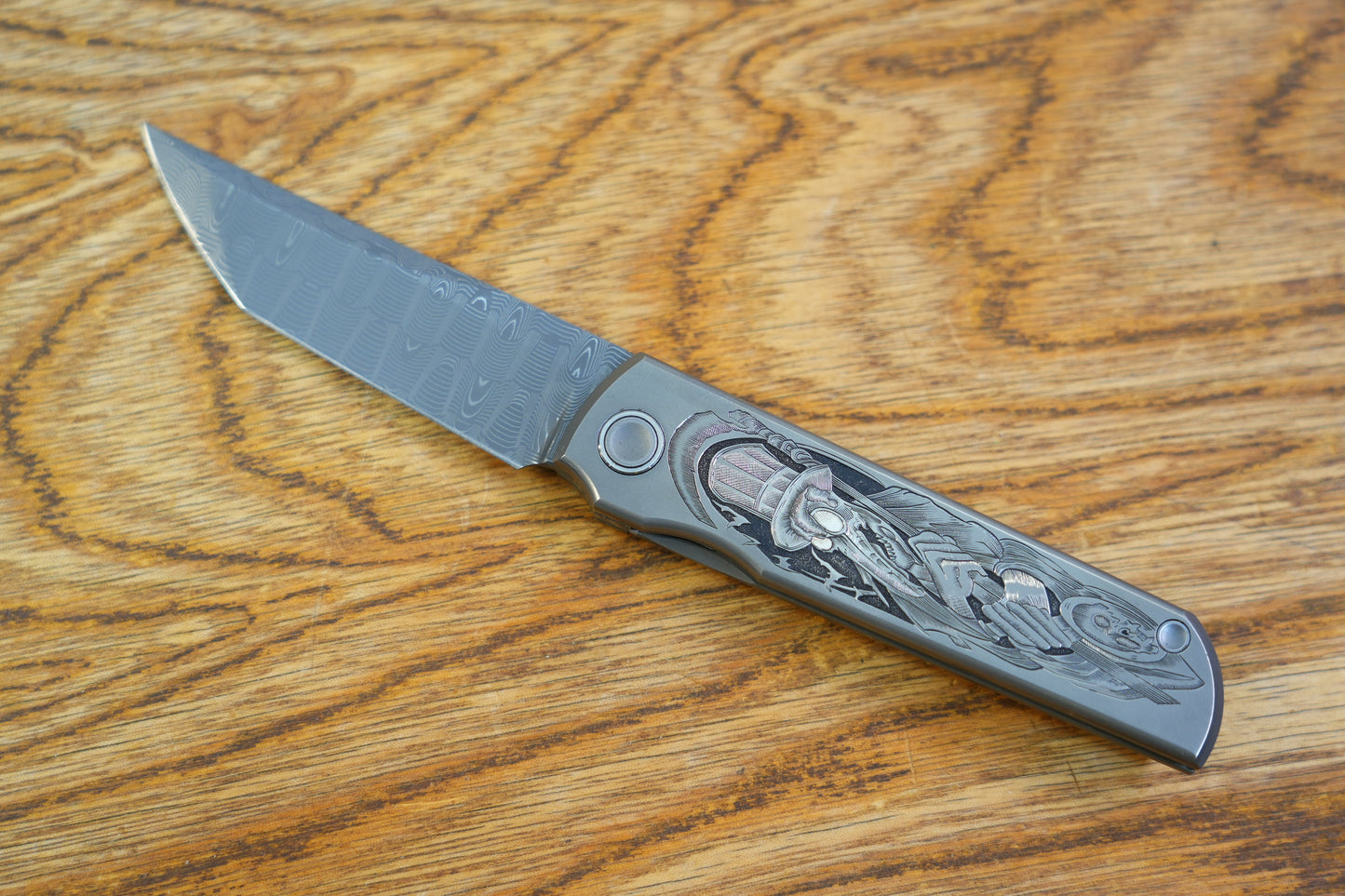 【CHOP】plague doctor Hand Carved Titanium Handle VEGAS Forged Damascus