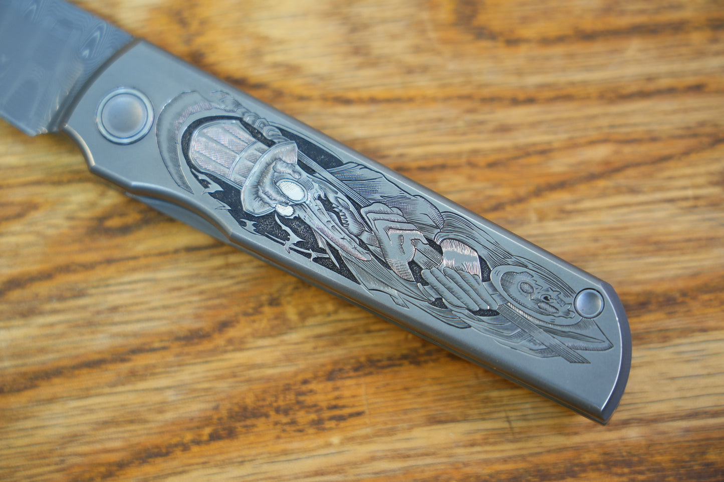 【CHOP】plague doctor Hand Carved Titanium Handle VEGAS Forged Damascus