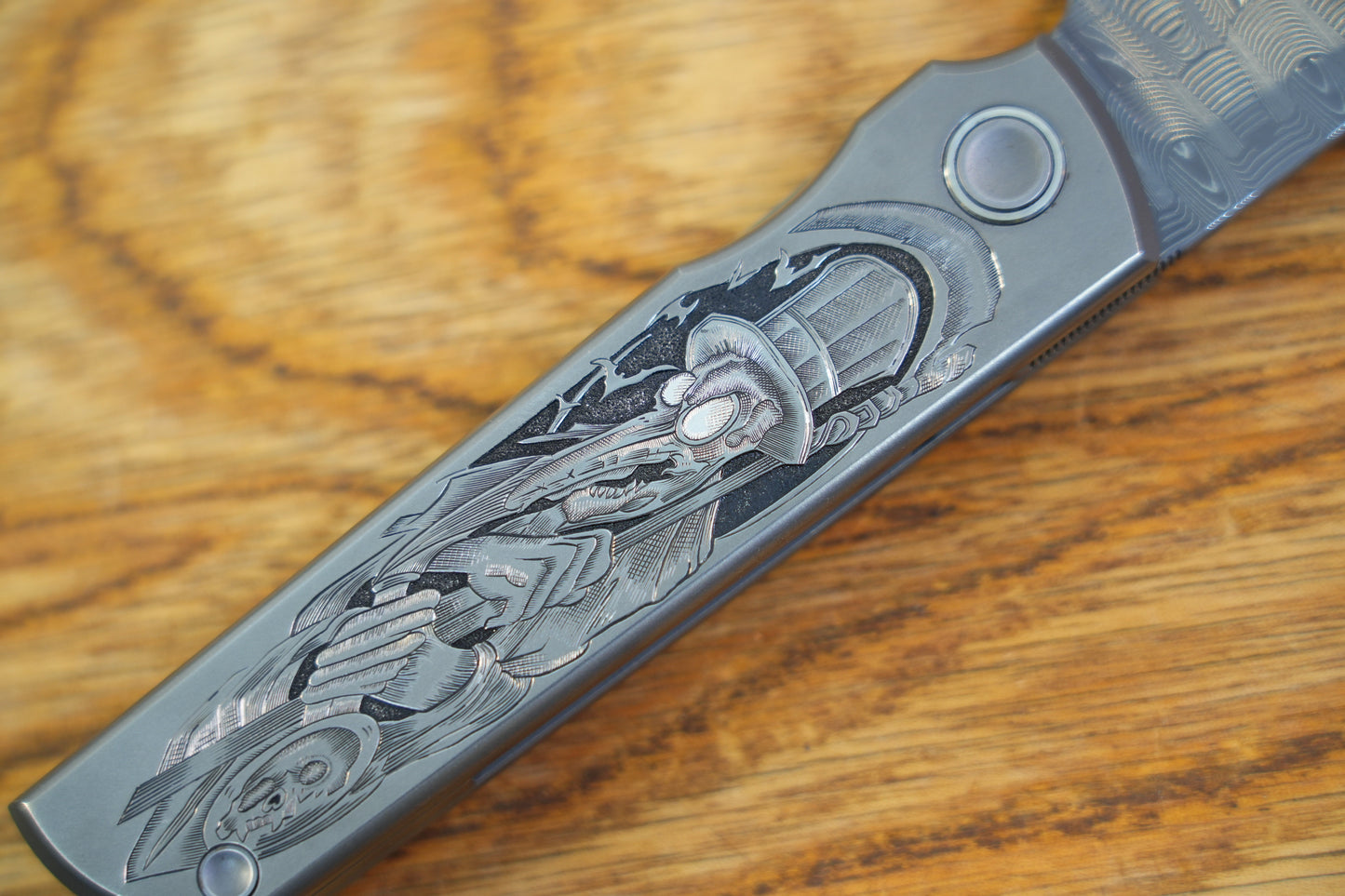 【CHOP】plague doctor Hand Carved Titanium Handle VEGAS Forged Damascus