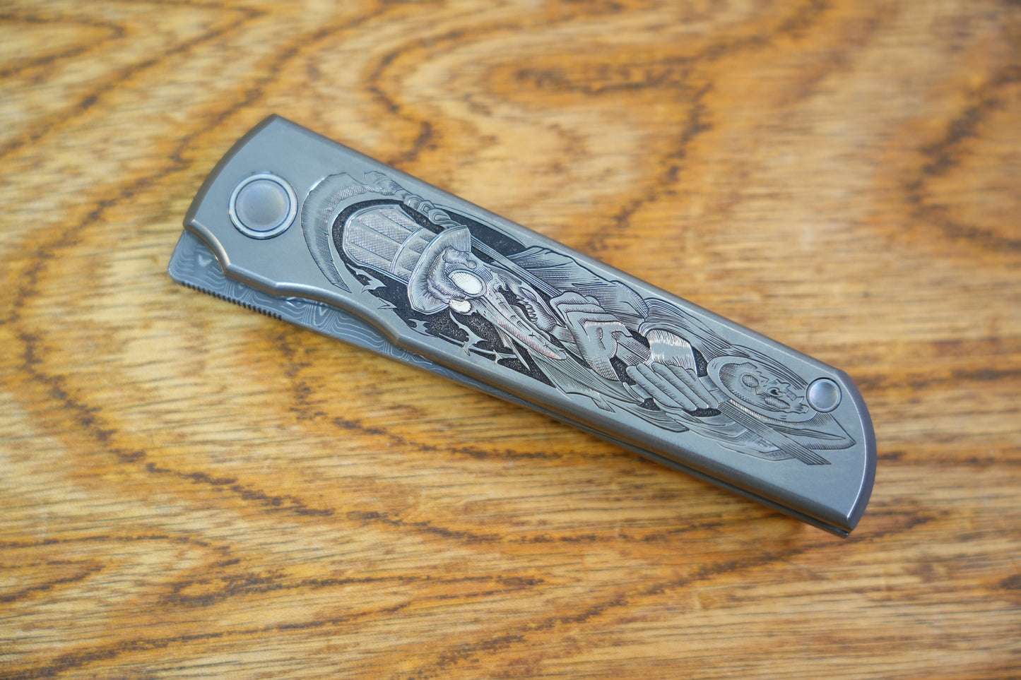 【CHOP】plague doctor Hand Carved Titanium Handle VEGAS Forged Damascus
