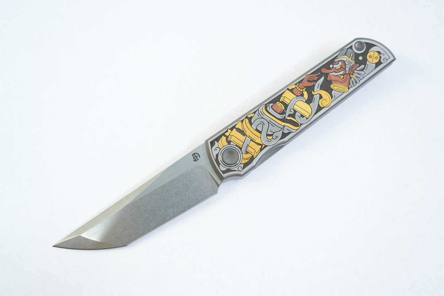 【CHOP】M390 Titanium Inlaid copper carving Japanese Tengu and Samurai Cat