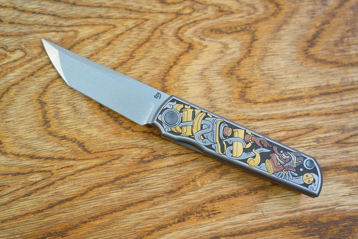 【CHOP】M390 Titanium Inlaid copper carving Japanese Tengu and Samurai Cat