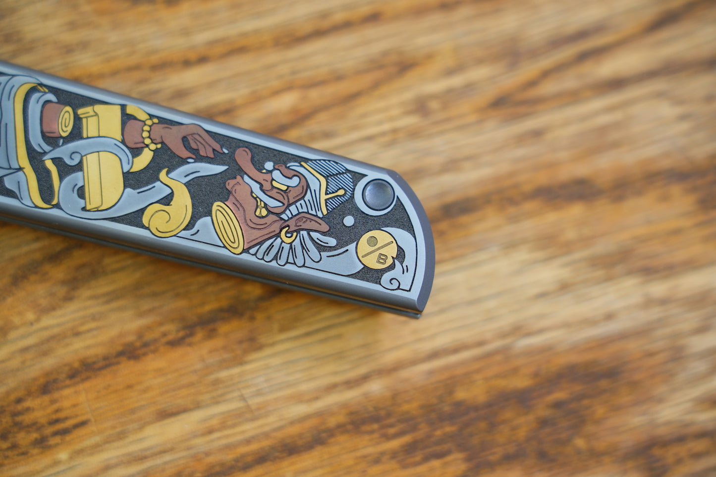 【CHOP】M390 Titanium Inlaid copper carving Japanese Tengu and Samurai Cat