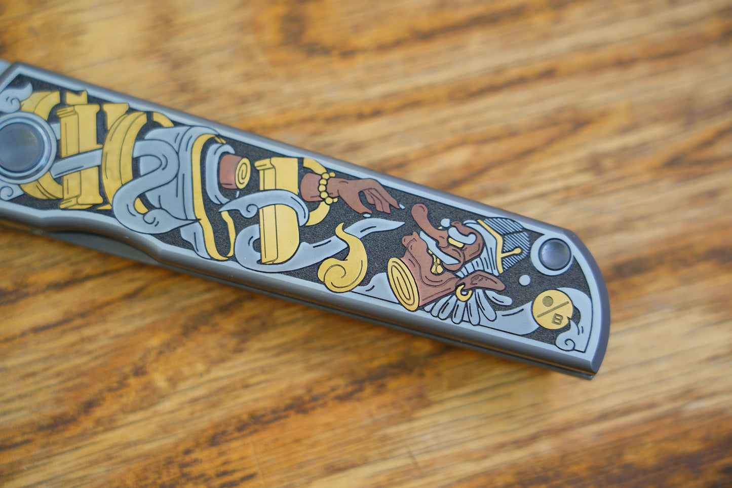 【CHOP】M390 Titanium Inlaid copper carving Japanese Tengu and Samurai Cat