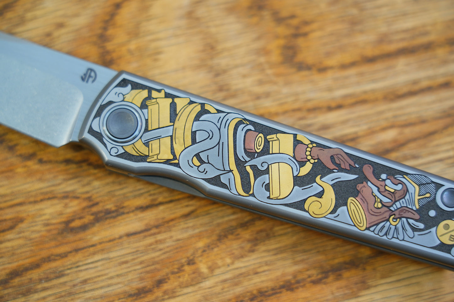 【CHOP】M390 Titanium Inlaid copper carving Japanese Tengu and Samurai Cat