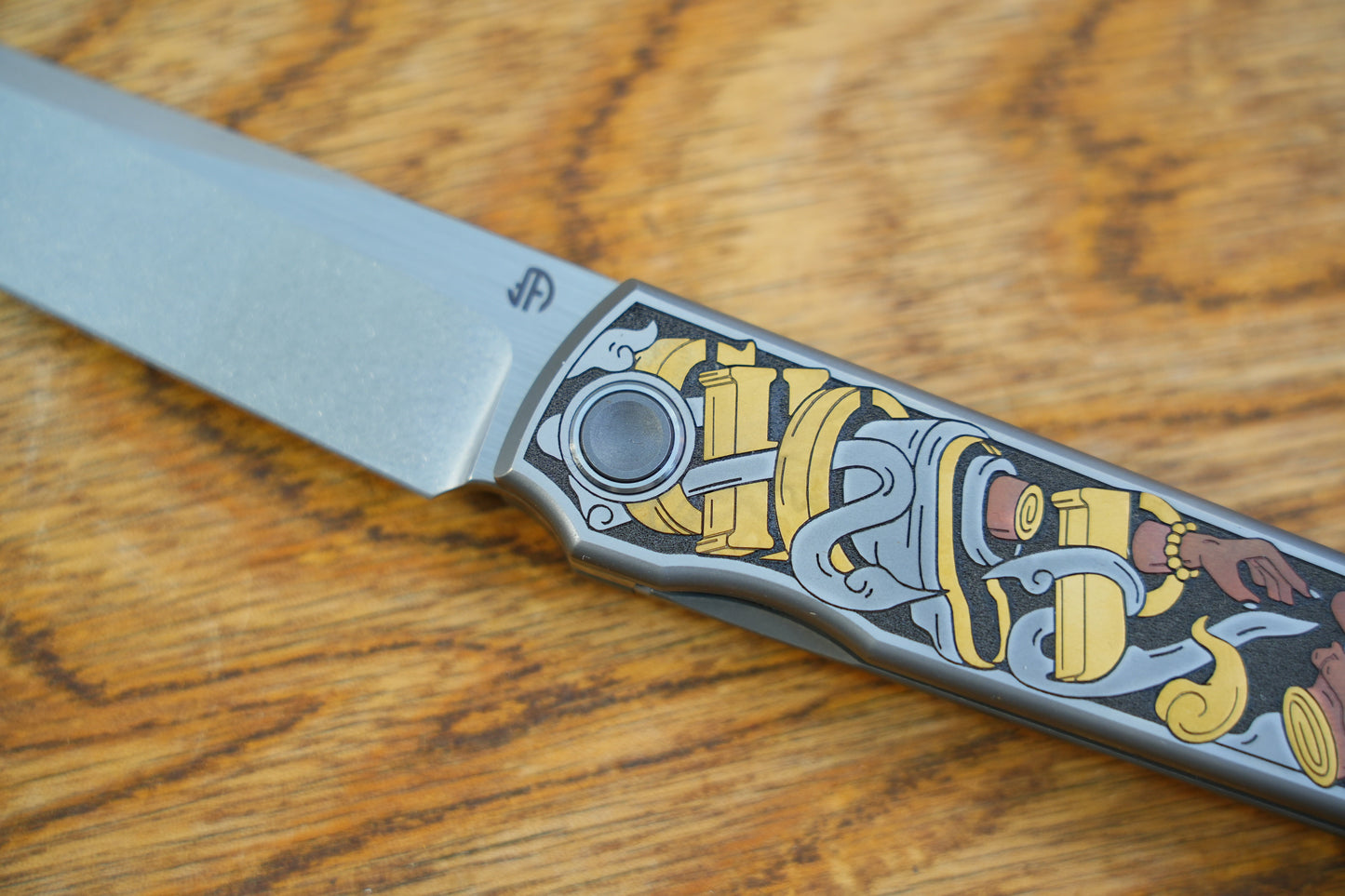 【CHOP】M390 Titanium Inlaid copper carving Japanese Tengu and Samurai Cat