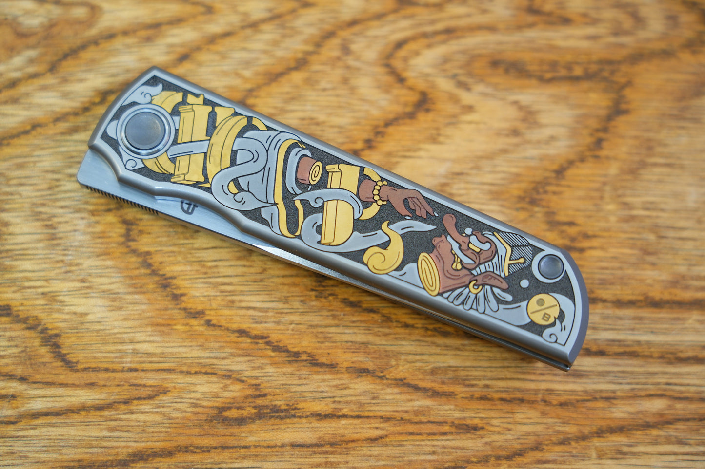 【CHOP】M390 Titanium Inlaid copper carving Japanese Tengu and Samurai Cat