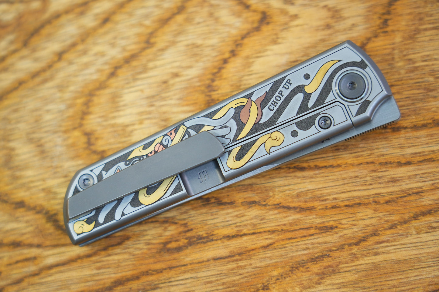 【CHOP】M390 Titanium Inlaid copper carving Japanese Tengu and Samurai Cat