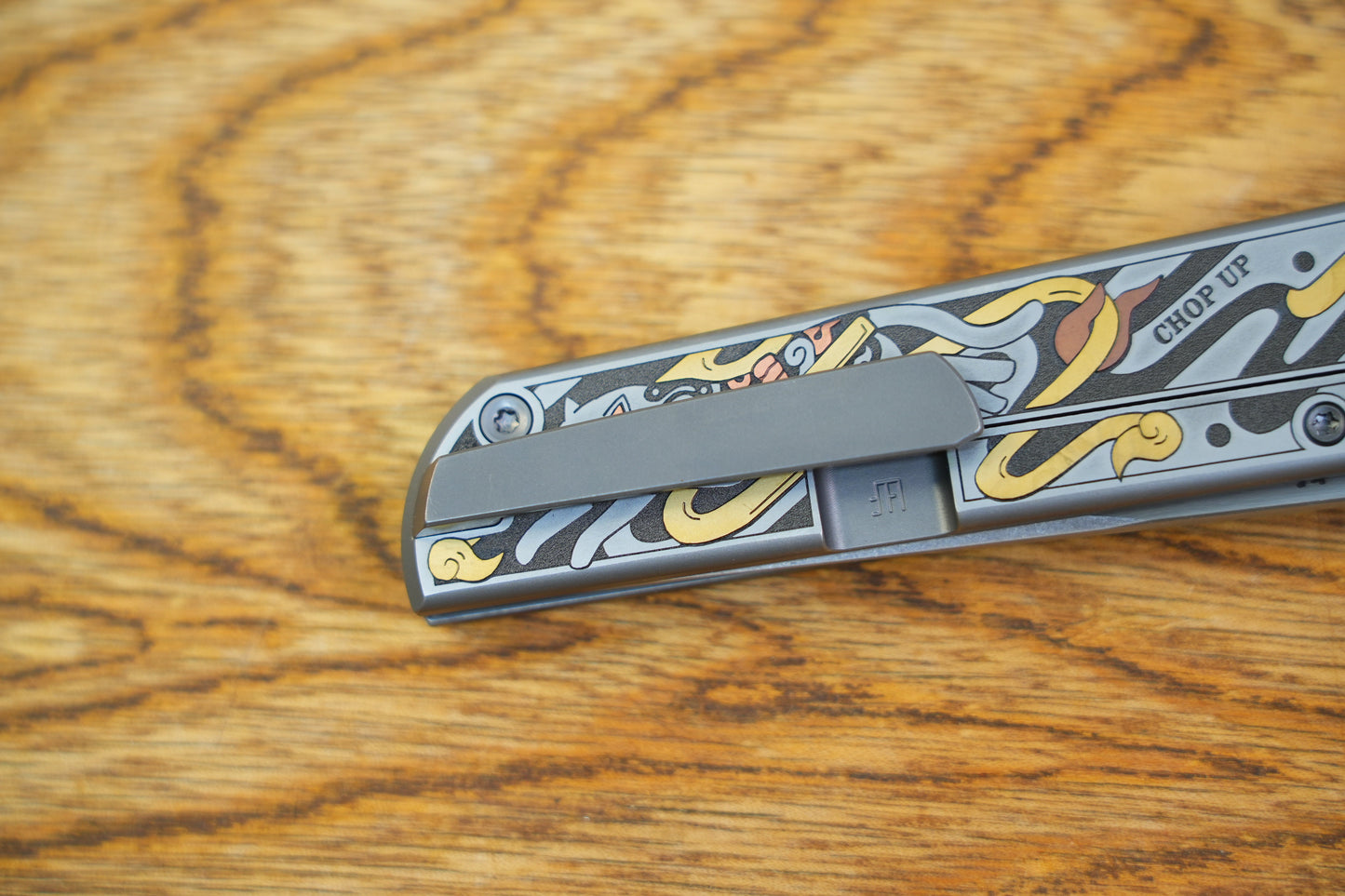 【CHOP】M390 Titanium Inlaid copper carving Japanese Tengu and Samurai Cat