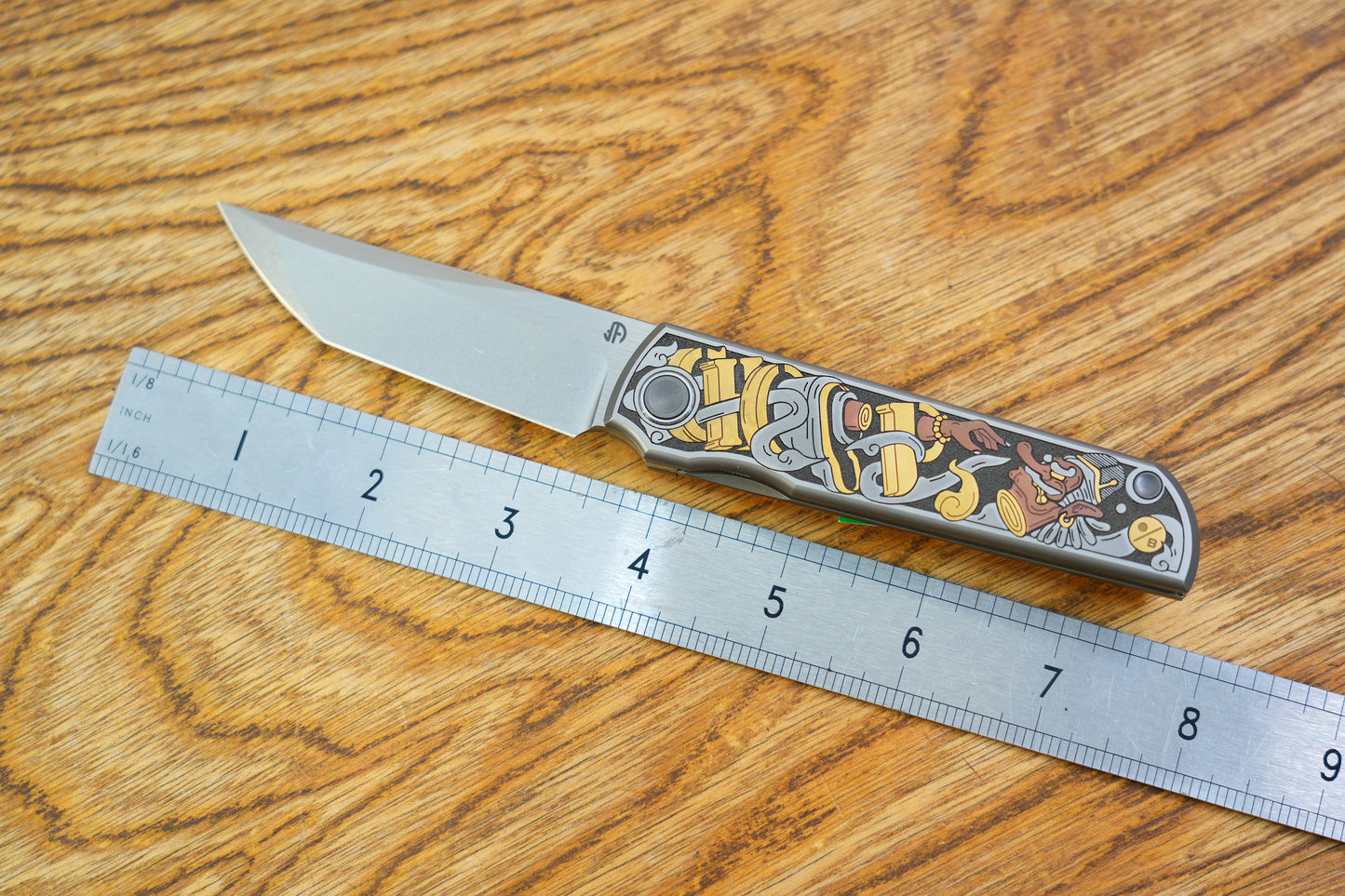 【CHOP】M390 Titanium Inlaid copper carving Japanese Tengu and Samurai Cat
