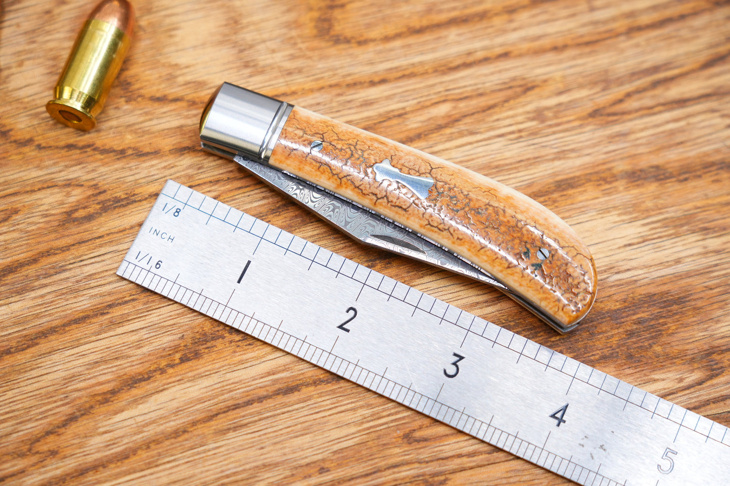 1 Lanny custom handmade Damascus mammoth tusk legal non-locking pocket knife