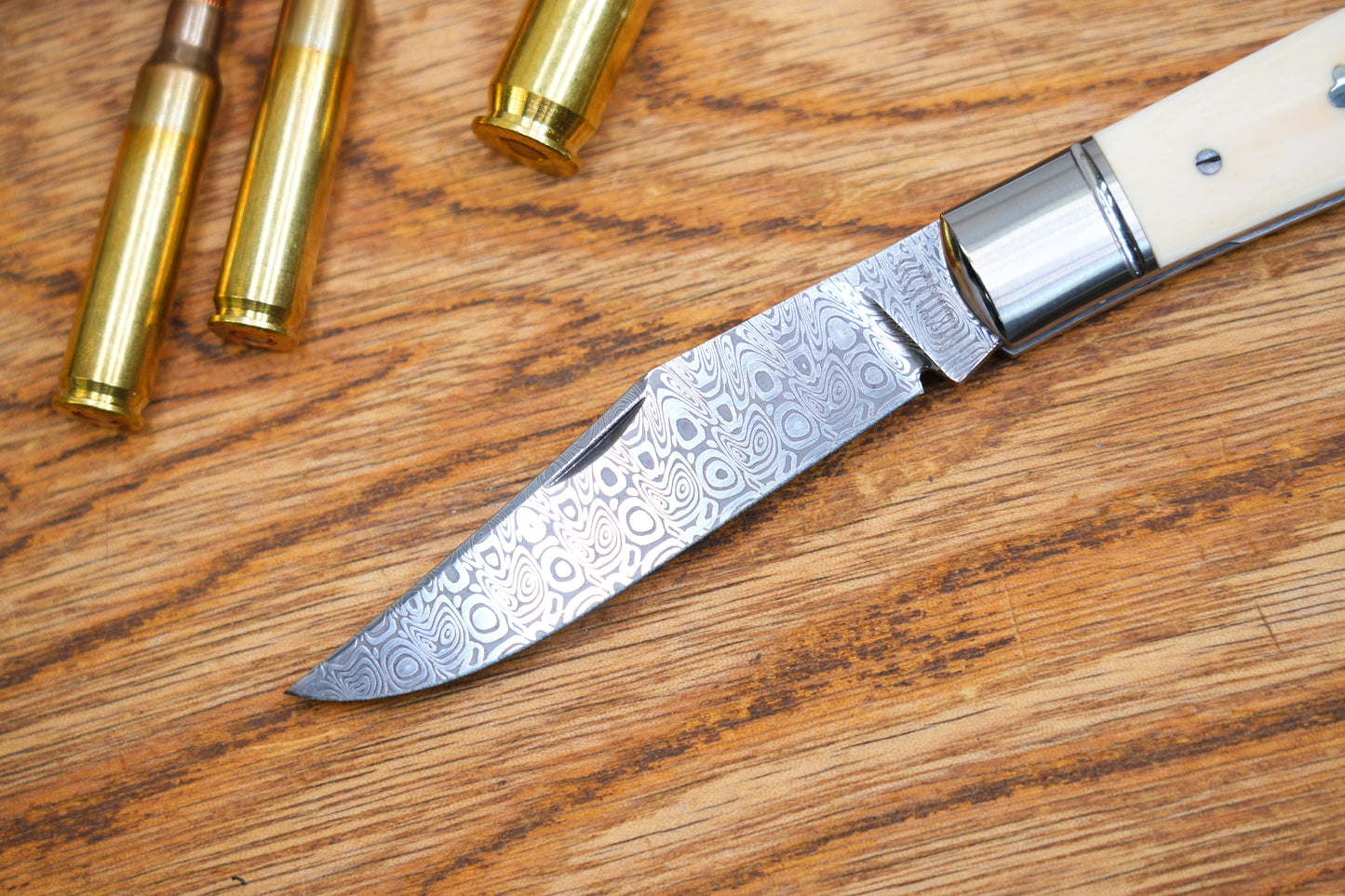 2 Lanny custom handmade Damascus mammoth tusk legal non-locking pocket knife