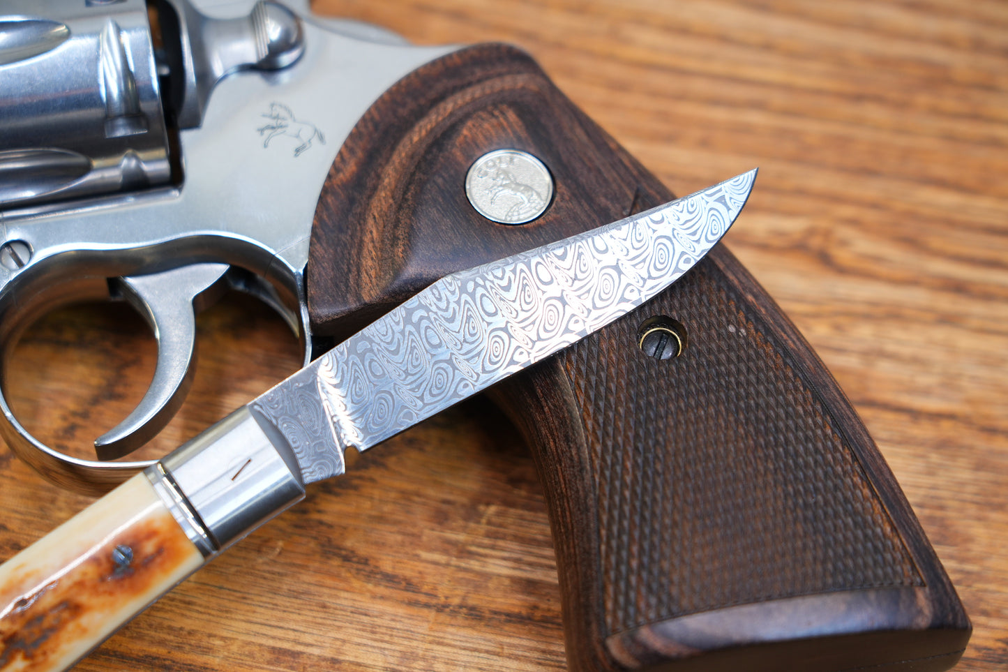 2 Lanny custom handmade Damascus mammoth tusk legal non-locking pocket knife