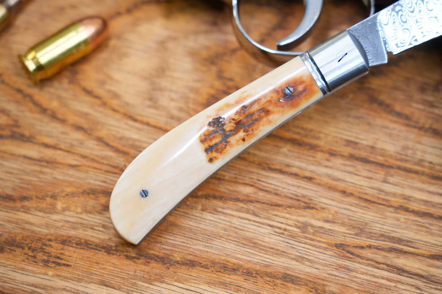 2 Lanny custom handmade Damascus mammoth tusk legal non-locking pocket knife