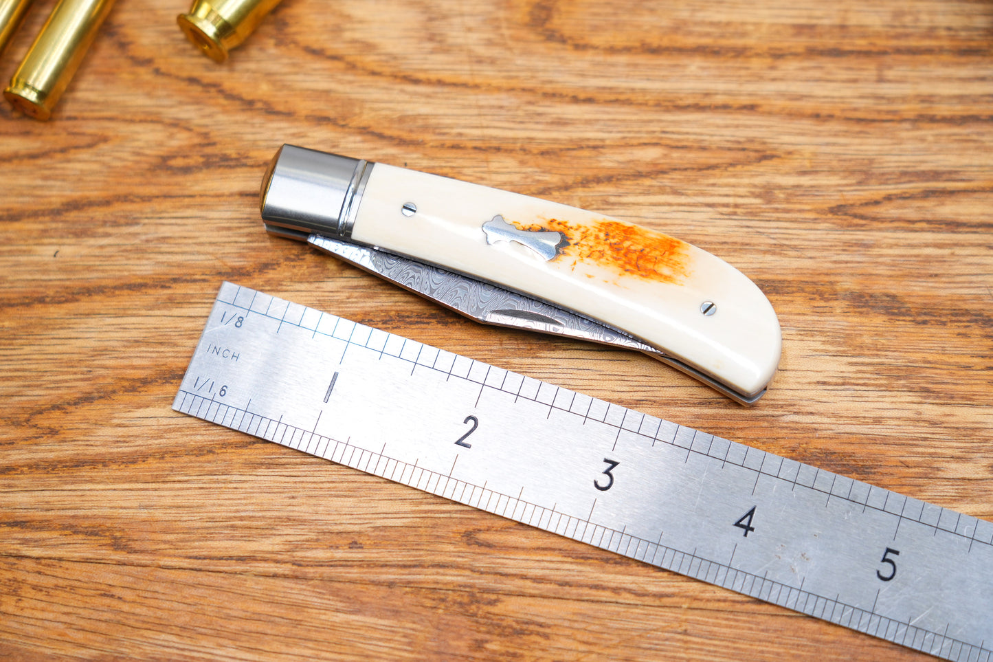 2 Lanny custom handmade Damascus mammoth tusk legal non-locking pocket knife