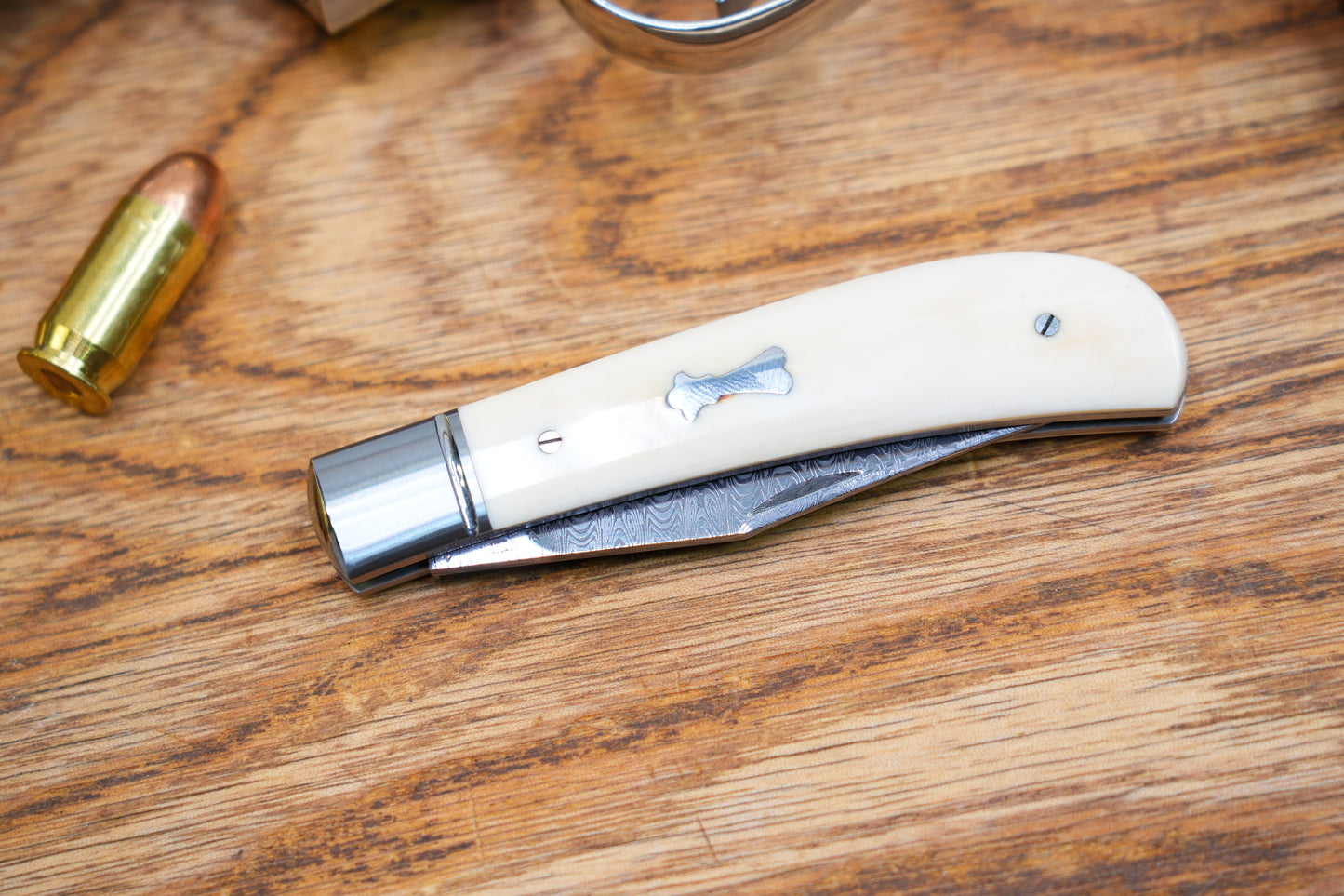 4 Lanny custom handmade Damascus mammoth tusk legal non-locking pocket knife