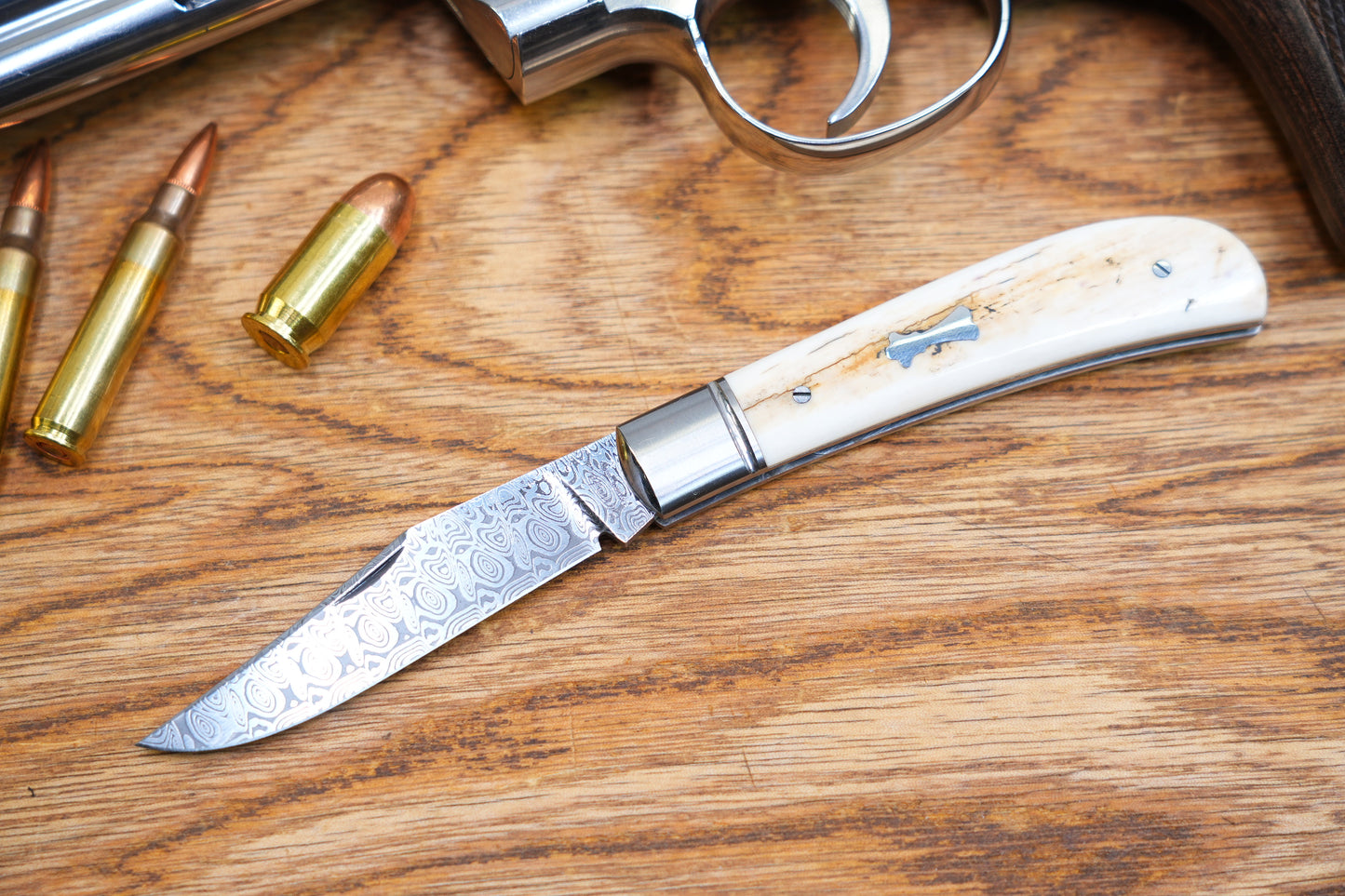 6 Lanny custom handmade Damascus mammoth tusk legal non-locking pocket knife
