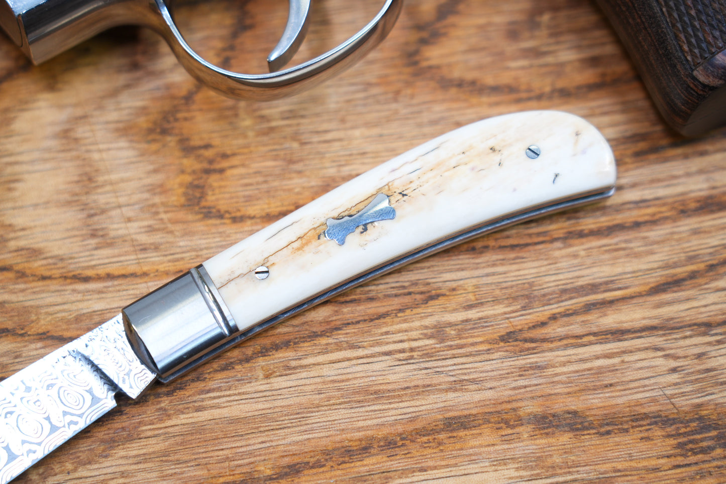6 Lanny custom handmade Damascus mammoth tusk legal non-locking pocket knife
