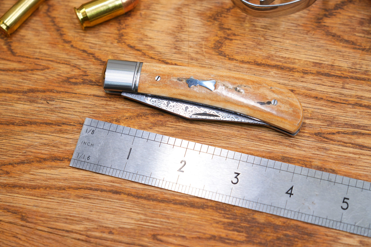 9 Lanny custom handmade Damascus mammoth tusk legal non-locking pocket knife