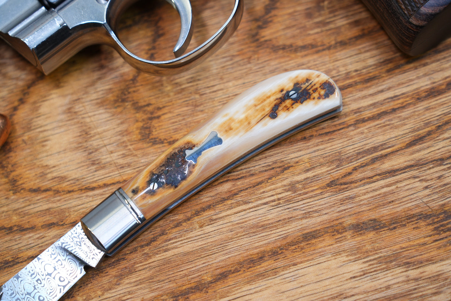 12 Lanny custom handmade Damascus mammoth tusk legal non-locking pocket knife