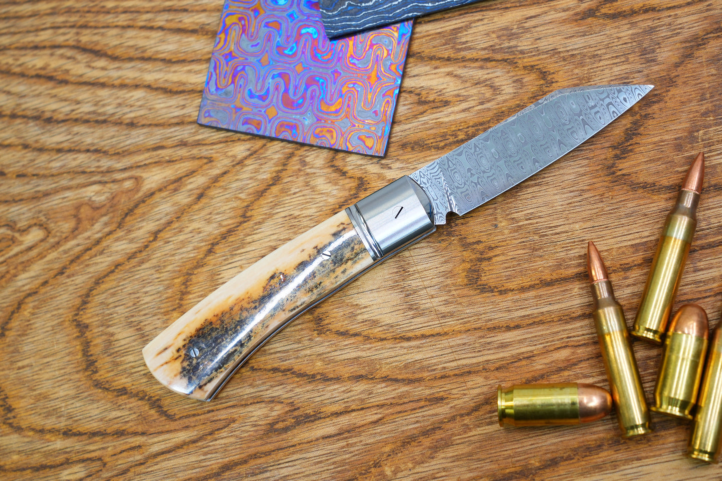 1 North Mountain Traditional Series – Handcrafted Sheepsfoot Pocket Knife with Mammoth Ivory Handle, Steel Frame, Non-Locking, Damasteel® – Swedish Powder Metallurgy Damascus Blade