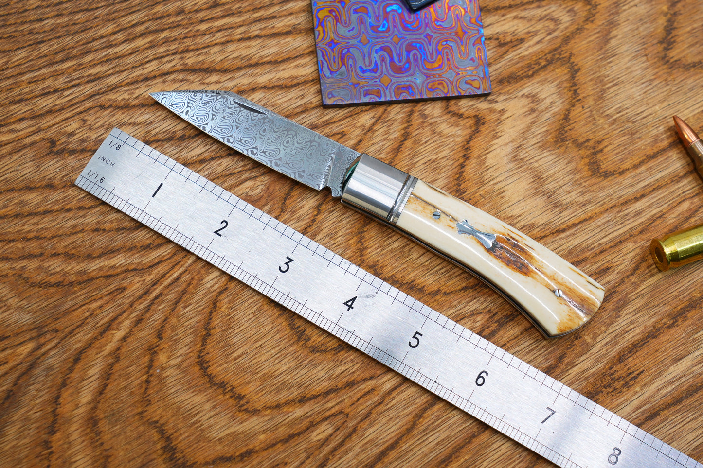 2 North Mountain Traditional Series – Handcrafted Sheepsfoot Pocket Knife with Mammoth Ivory Handle, Steel Frame, Non-Locking, Damasteel® – Swedish Powder Metallurgy Damascus Blade