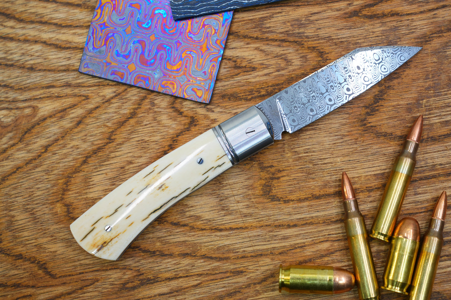 2 North Mountain Traditional Series – Handcrafted Sheepsfoot Pocket Knife with Mammoth Ivory Handle, Steel Frame, Non-Locking, Damasteel® – Swedish Powder Metallurgy Damascus Blade