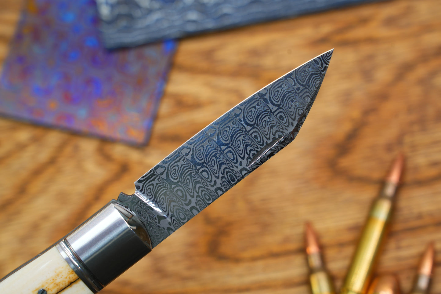 2 North Mountain Traditional Series – Handcrafted Sheepsfoot Pocket Knife with Mammoth Ivory Handle, Steel Frame, Non-Locking, Damasteel® – Swedish Powder Metallurgy Damascus Blade