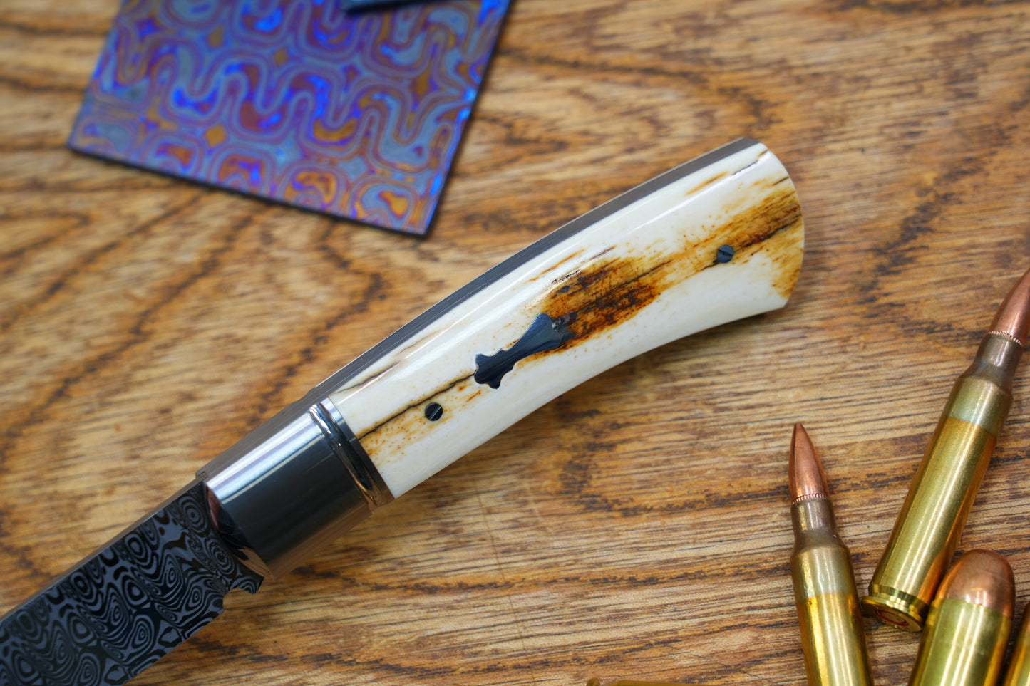 2 North Mountain Traditional Series – Handcrafted Sheepsfoot Pocket Knife with Mammoth Ivory Handle, Steel Frame, Non-Locking, Damasteel® – Swedish Powder Metallurgy Damascus Blade