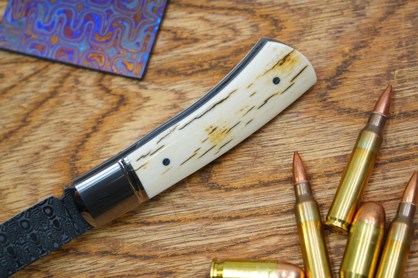 2 North Mountain Traditional Series – Handcrafted Sheepsfoot Pocket Knife with Mammoth Ivory Handle, Steel Frame, Non-Locking, Damasteel® – Swedish Powder Metallurgy Damascus Blade