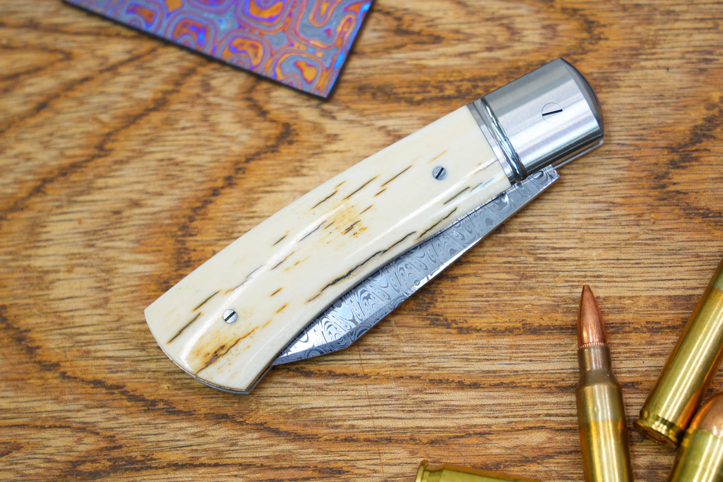 2 North Mountain Traditional Series – Handcrafted Sheepsfoot Pocket Knife with Mammoth Ivory Handle, Steel Frame, Non-Locking, Damasteel® – Swedish Powder Metallurgy Damascus Blade