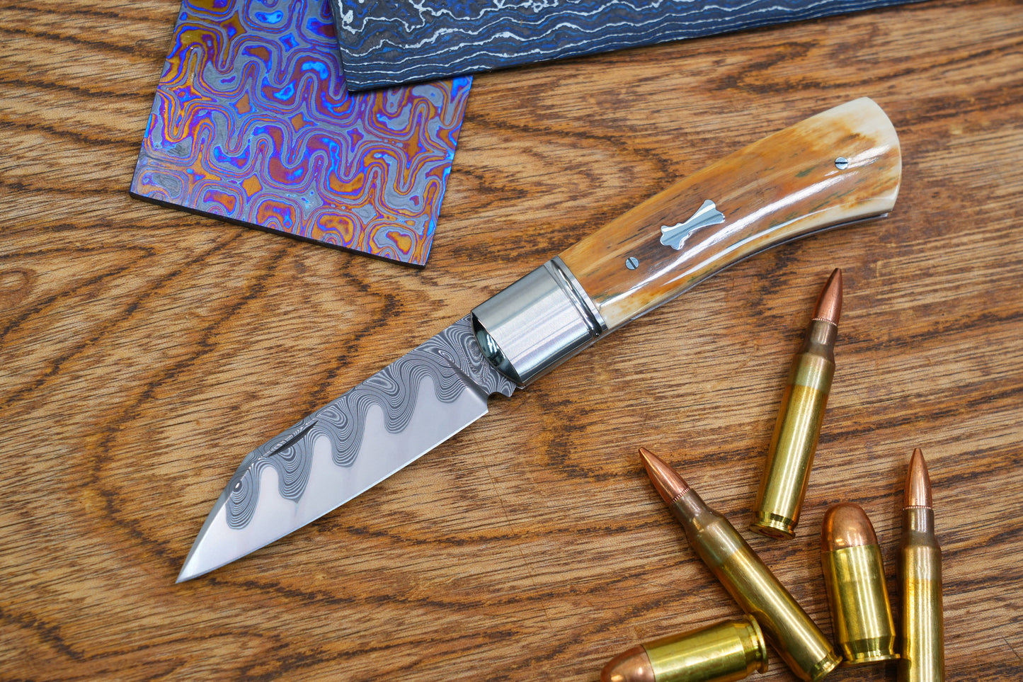 4 North Mountain Traditional Series – Handcrafted Sheepsfoot Pocket Knife with Mammoth Ivory Handle, Steel Frame, Non-Locking, Mike Norris stainless steel Damascus, steel made in Kentucky, USA.