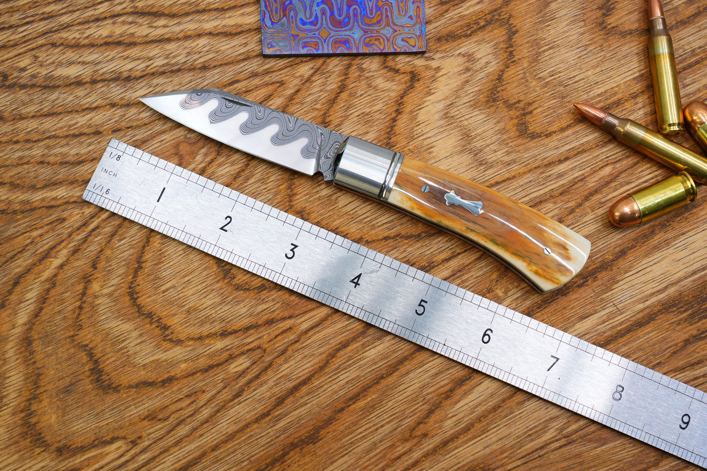 4 North Mountain Traditional Series – Handcrafted Sheepsfoot Pocket Knife with Mammoth Ivory Handle, Steel Frame, Non-Locking, Mike Norris stainless steel Damascus, steel made in Kentucky, USA.