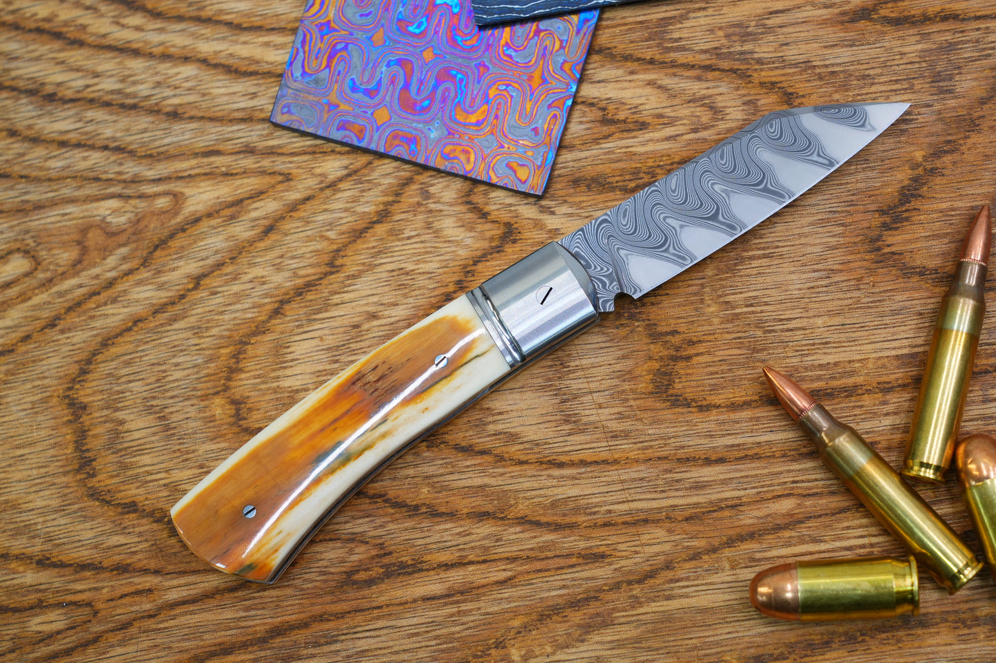 4 North Mountain Traditional Series – Handcrafted Sheepsfoot Pocket Knife with Mammoth Ivory Handle, Steel Frame, Non-Locking, Mike Norris stainless steel Damascus, steel made in Kentucky, USA.