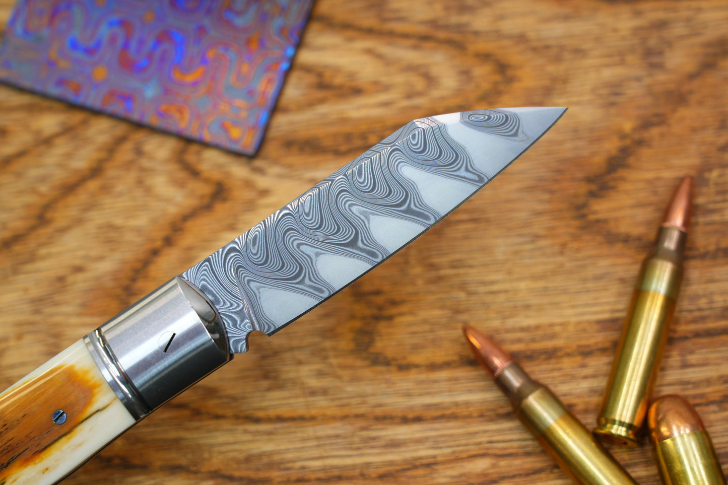 4 North Mountain Traditional Series – Handcrafted Sheepsfoot Pocket Knife with Mammoth Ivory Handle, Steel Frame, Non-Locking, Mike Norris stainless steel Damascus, steel made in Kentucky, USA.