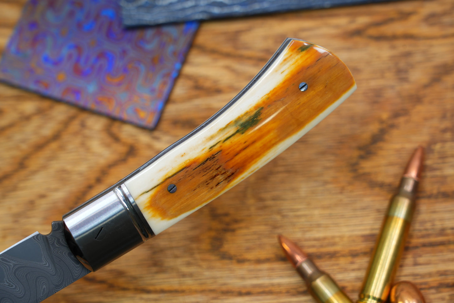 4 North Mountain Traditional Series – Handcrafted Sheepsfoot Pocket Knife with Mammoth Ivory Handle, Steel Frame, Non-Locking, Mike Norris stainless steel Damascus, steel made in Kentucky, USA.