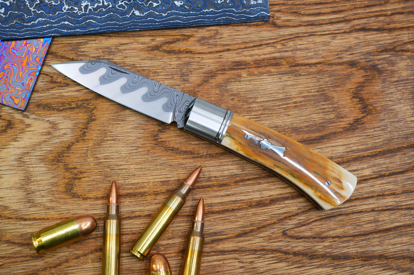 4 North Mountain Traditional Series – Handcrafted Sheepsfoot Pocket Knife with Mammoth Ivory Handle, Steel Frame, Non-Locking, Mike Norris stainless steel Damascus, steel made in Kentucky, USA.