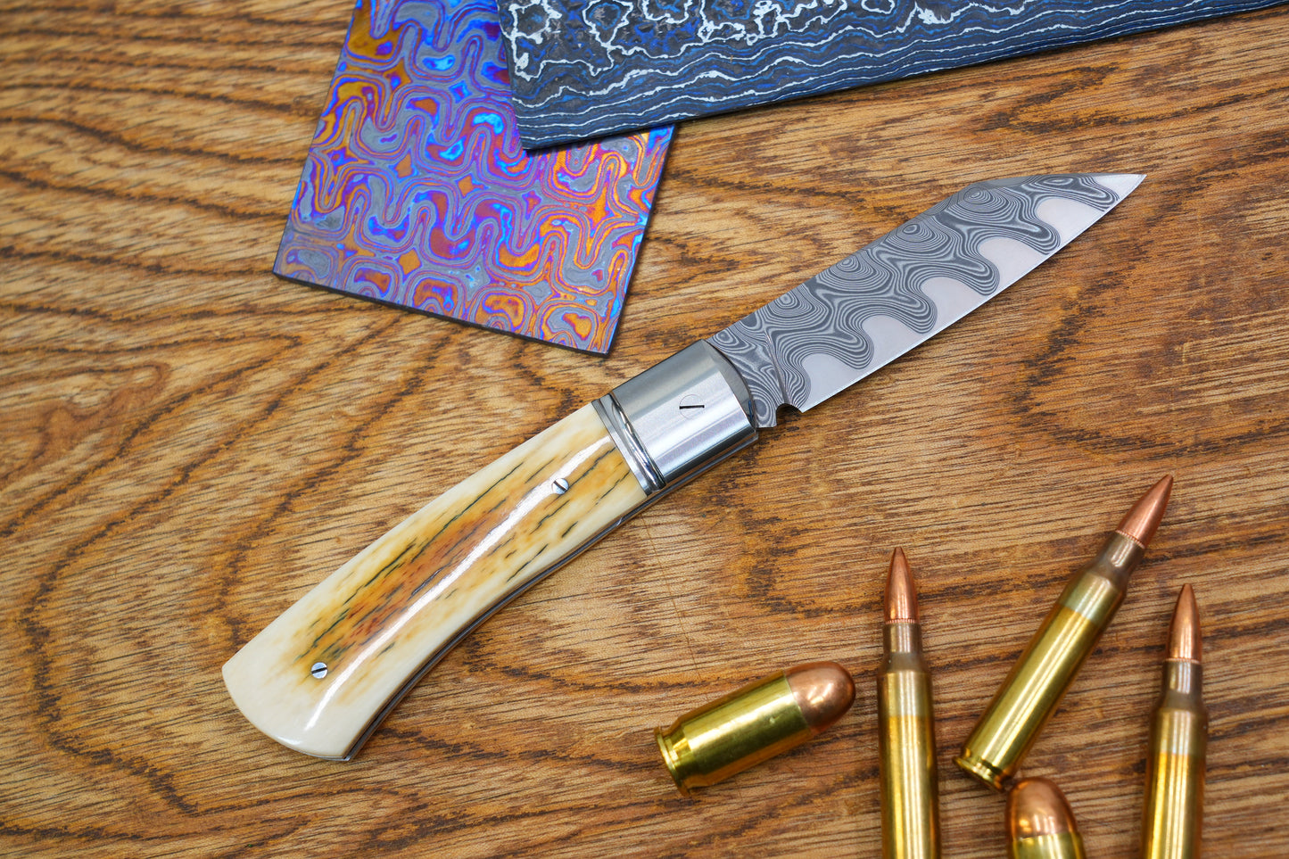 5 North Mountain Traditional Series – Handcrafted Sheepsfoot Pocket Knife with Mammoth Ivory Handle, Steel Frame, Non-Locking, Mike Norris stainless steel Damascus, steel made in Kentucky, USA.