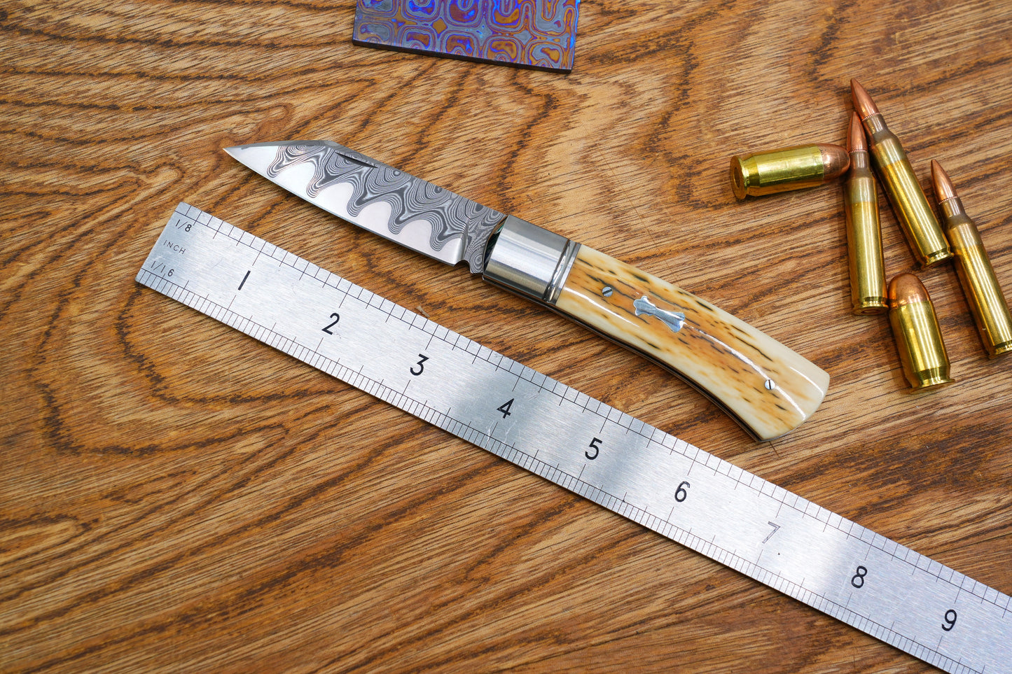 5 North Mountain Traditional Series – Handcrafted Sheepsfoot Pocket Knife with Mammoth Ivory Handle, Steel Frame, Non-Locking, Mike Norris stainless steel Damascus, steel made in Kentucky, USA.