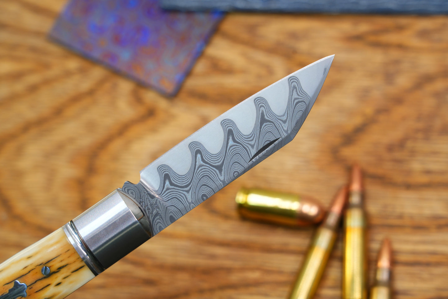 5 North Mountain Traditional Series – Handcrafted Sheepsfoot Pocket Knife with Mammoth Ivory Handle, Steel Frame, Non-Locking, Mike Norris stainless steel Damascus, steel made in Kentucky, USA.