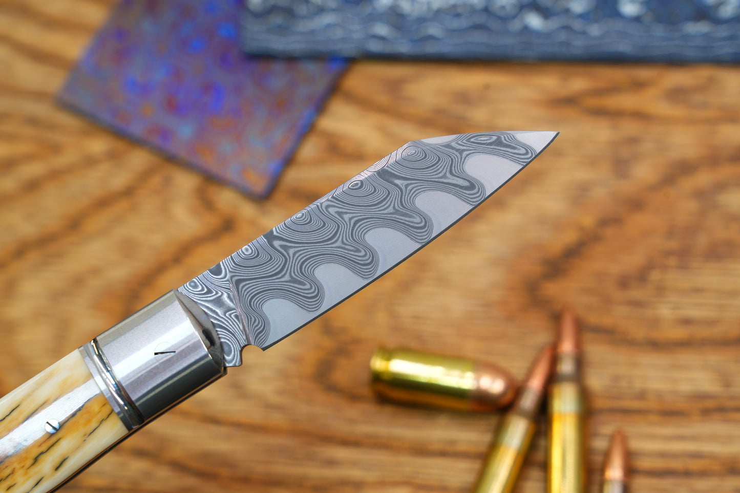 5 North Mountain Traditional Series – Handcrafted Sheepsfoot Pocket Knife with Mammoth Ivory Handle, Steel Frame, Non-Locking, Mike Norris stainless steel Damascus, steel made in Kentucky, USA.