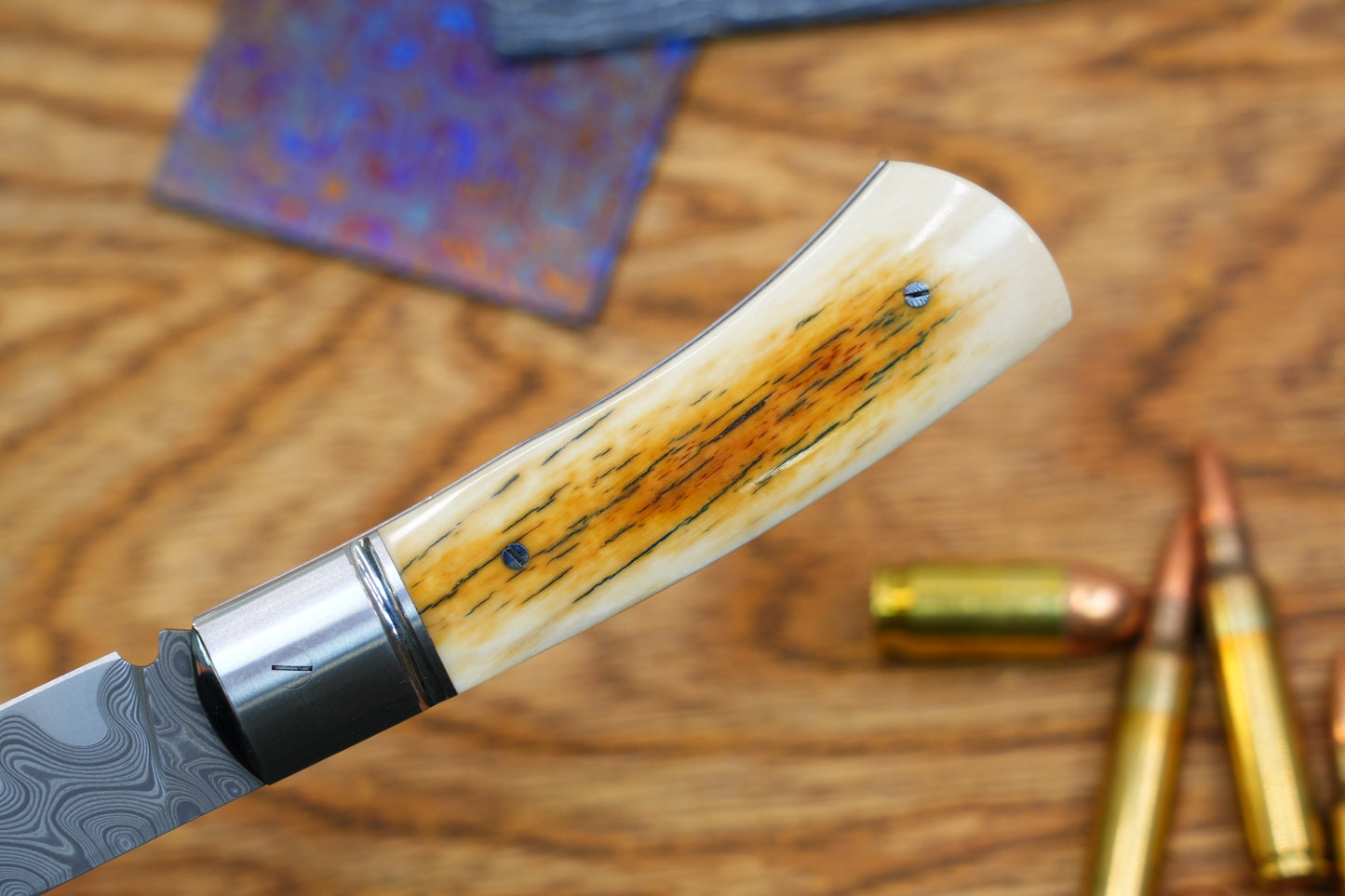 5 North Mountain Traditional Series – Handcrafted Sheepsfoot Pocket Knife with Mammoth Ivory Handle, Steel Frame, Non-Locking, Mike Norris stainless steel Damascus, steel made in Kentucky, USA.