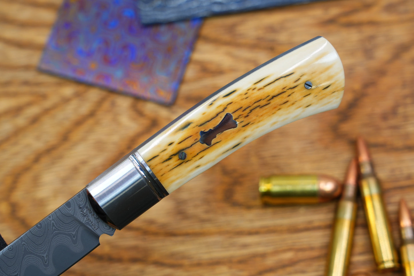 5 North Mountain Traditional Series – Handcrafted Sheepsfoot Pocket Knife with Mammoth Ivory Handle, Steel Frame, Non-Locking, Mike Norris stainless steel Damascus, steel made in Kentucky, USA.