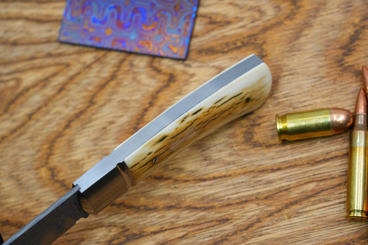 5 North Mountain Traditional Series – Handcrafted Sheepsfoot Pocket Knife with Mammoth Ivory Handle, Steel Frame, Non-Locking, Mike Norris stainless steel Damascus, steel made in Kentucky, USA.