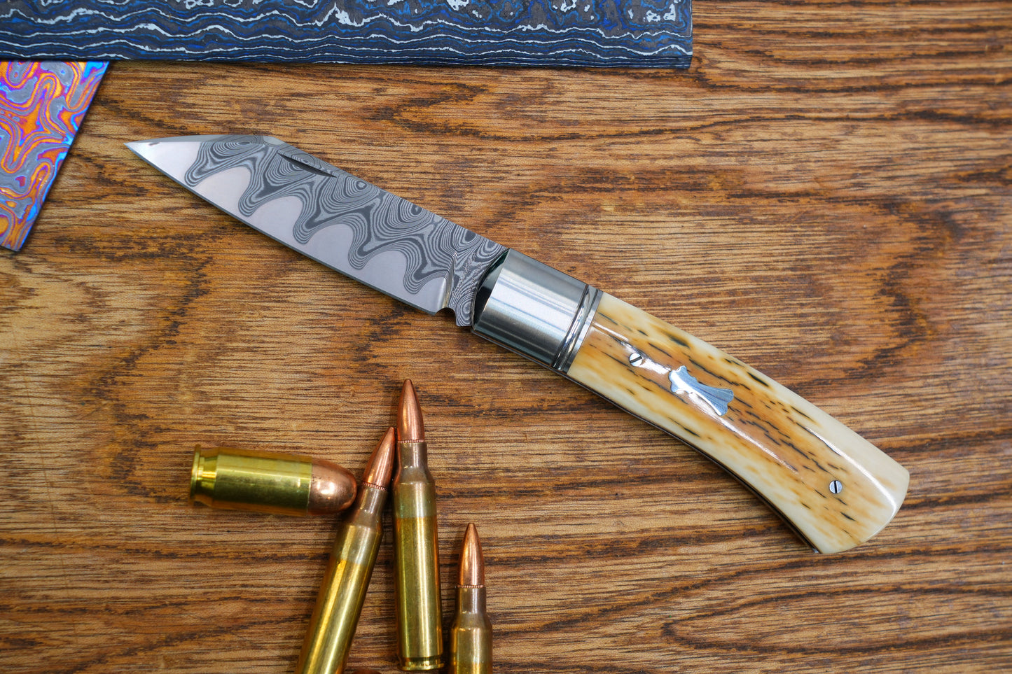 5 North Mountain Traditional Series – Handcrafted Sheepsfoot Pocket Knife with Mammoth Ivory Handle, Steel Frame, Non-Locking, Mike Norris stainless steel Damascus, steel made in Kentucky, USA.