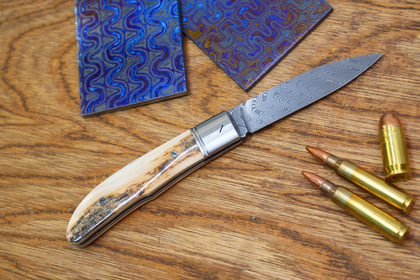2 Swift Mammoth Tusk Fancy Legal Steel Frame Damascus Steel No Lock Handmade Pocket Knife