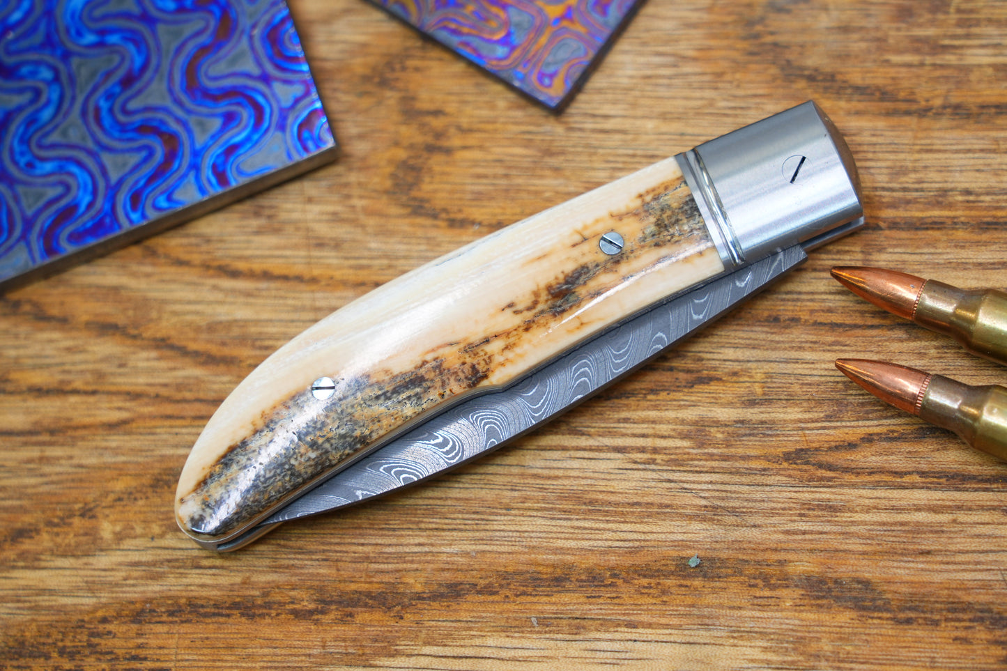 2 Swift Mammoth Tusk Fancy Legal Steel Frame Damascus Steel No Lock Handmade Pocket Knife